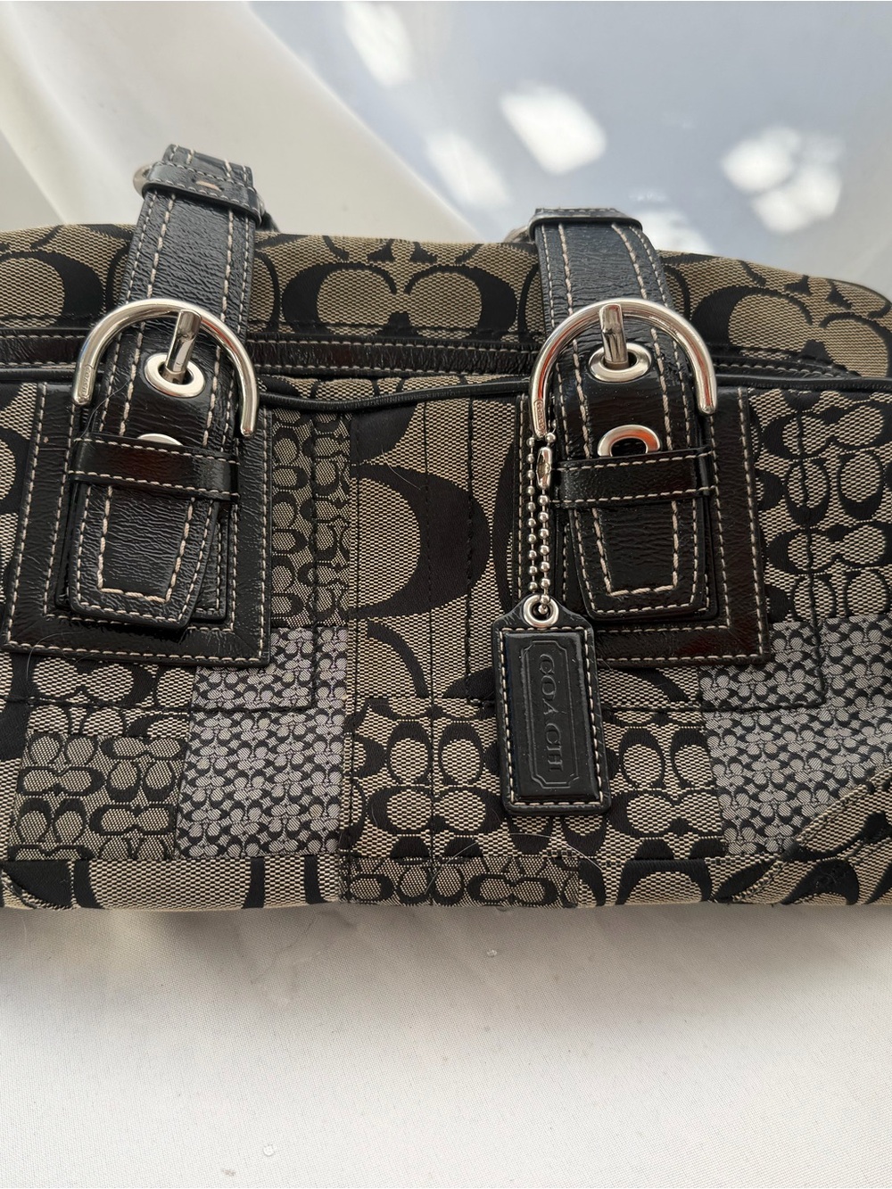 Coach Signature Patchwork Jacquard Satchel Shoulder Bag Black Tan Y2K